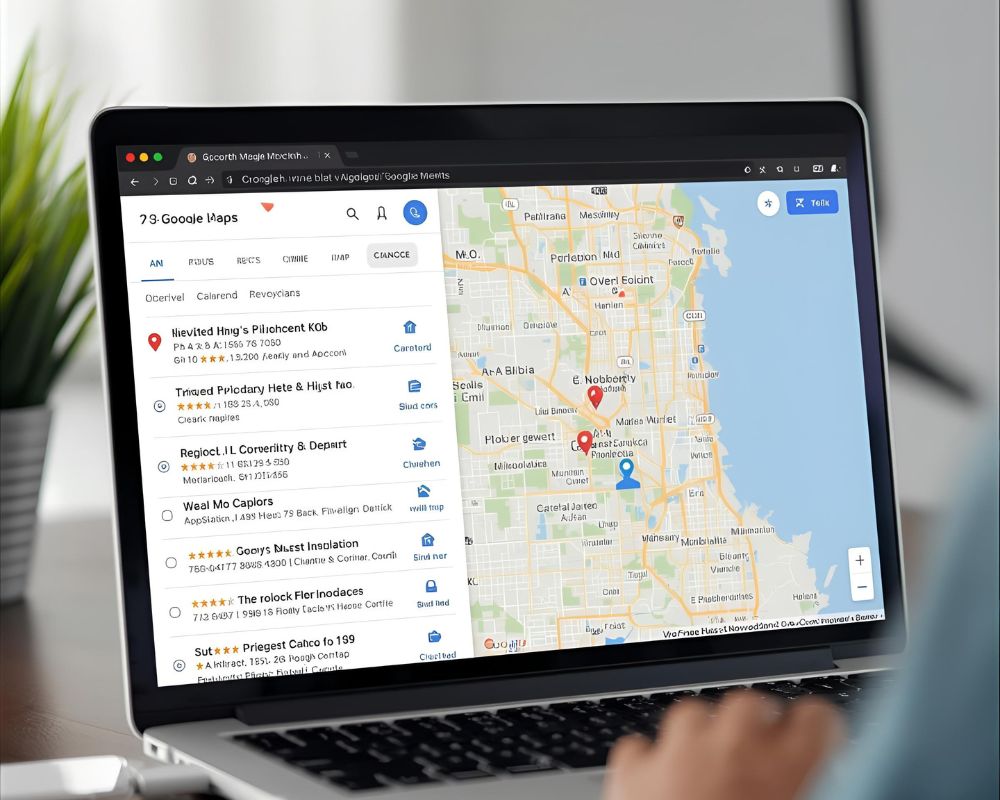 laptop screen showing a google map listings