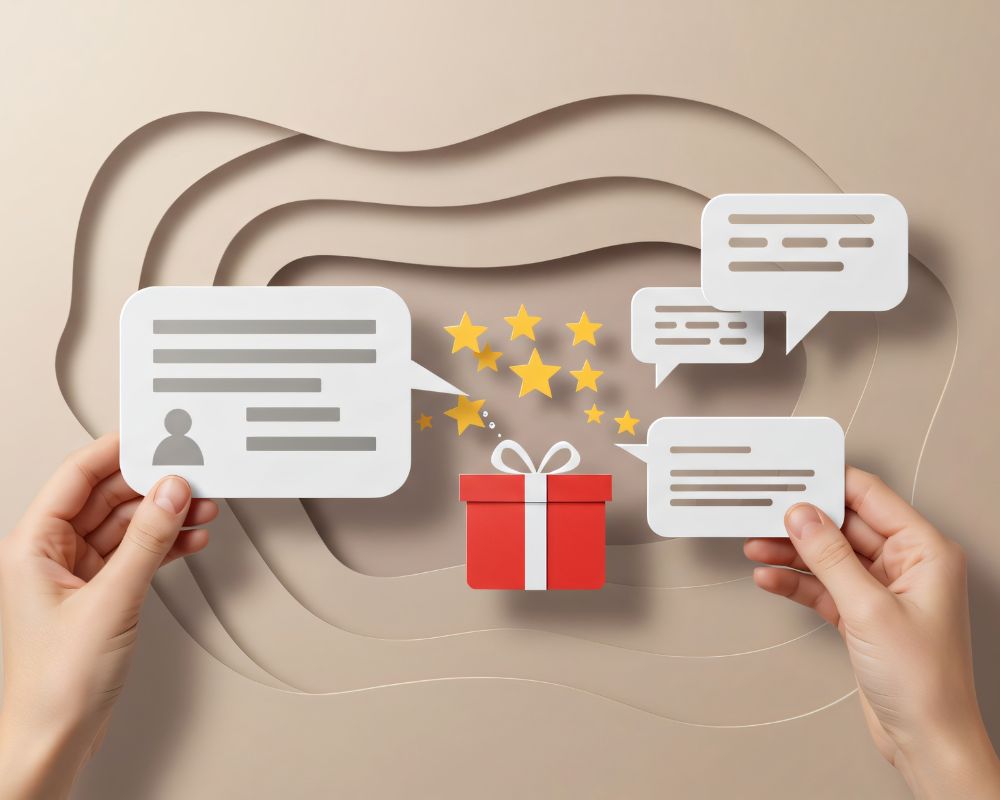 Customer feedback and gifting experience with speech bubbles