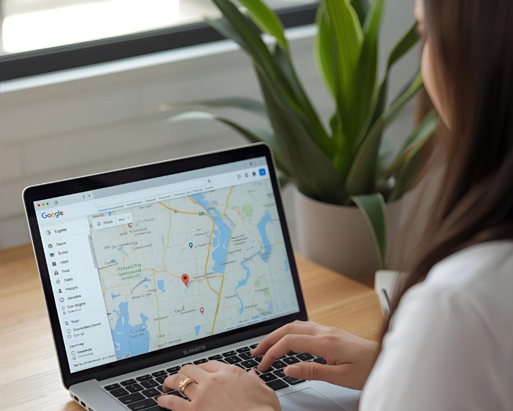 Person searching a business on Google Maps on a laptop