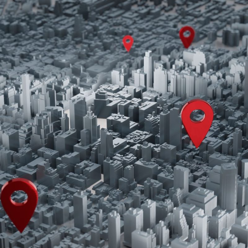 3D city map with location pins
