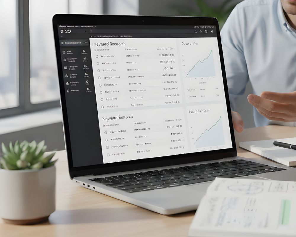 Laptop displaying keyword research and organic traffic growth charts