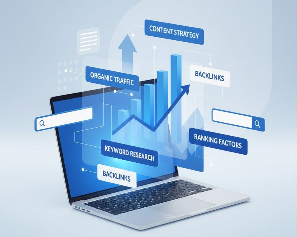 Conceptual illustration of content marketing and SEO growth