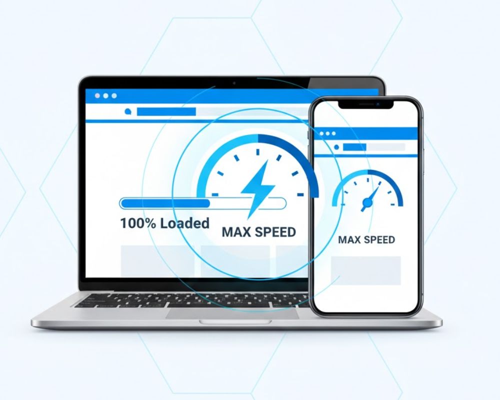 a laptop and smartphone displaying a website loading bar at full speed