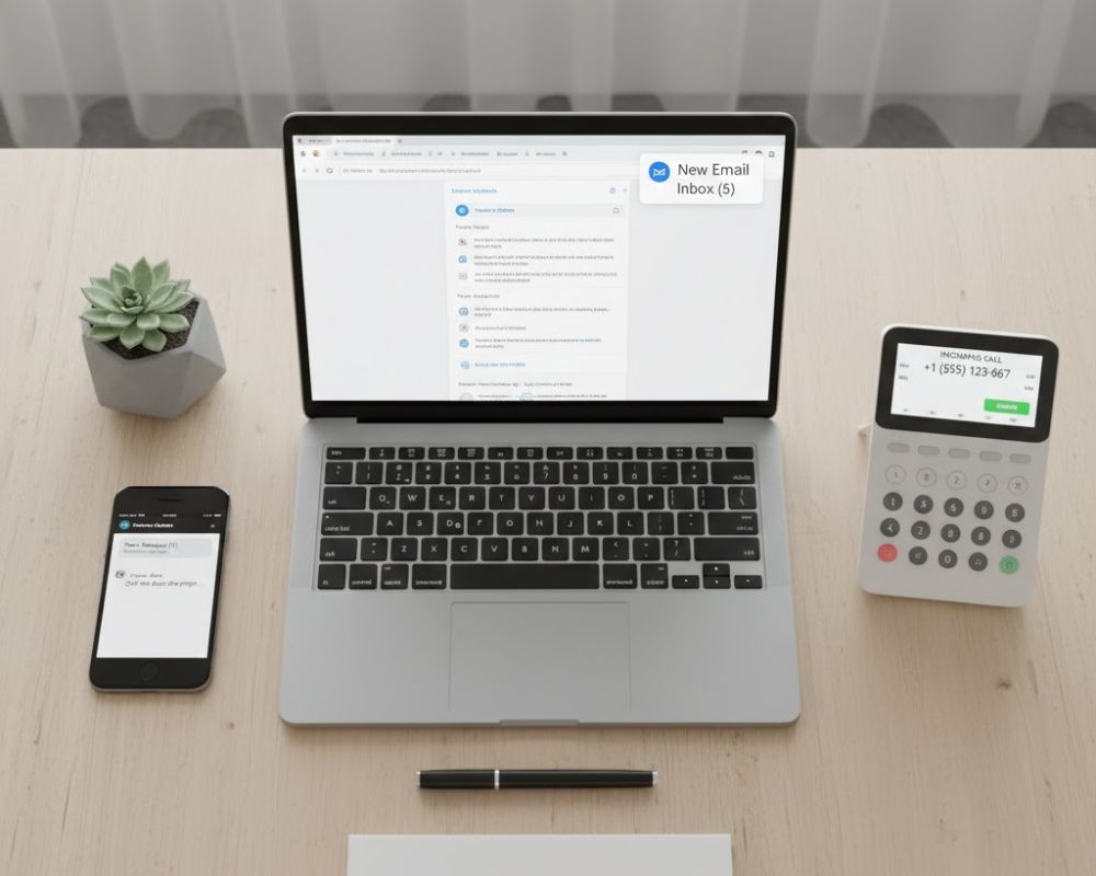 clean office desk with a laptop displaying an email inbox notification, a smartphone showing a text message alert, and a desk phone with an incoming call screen