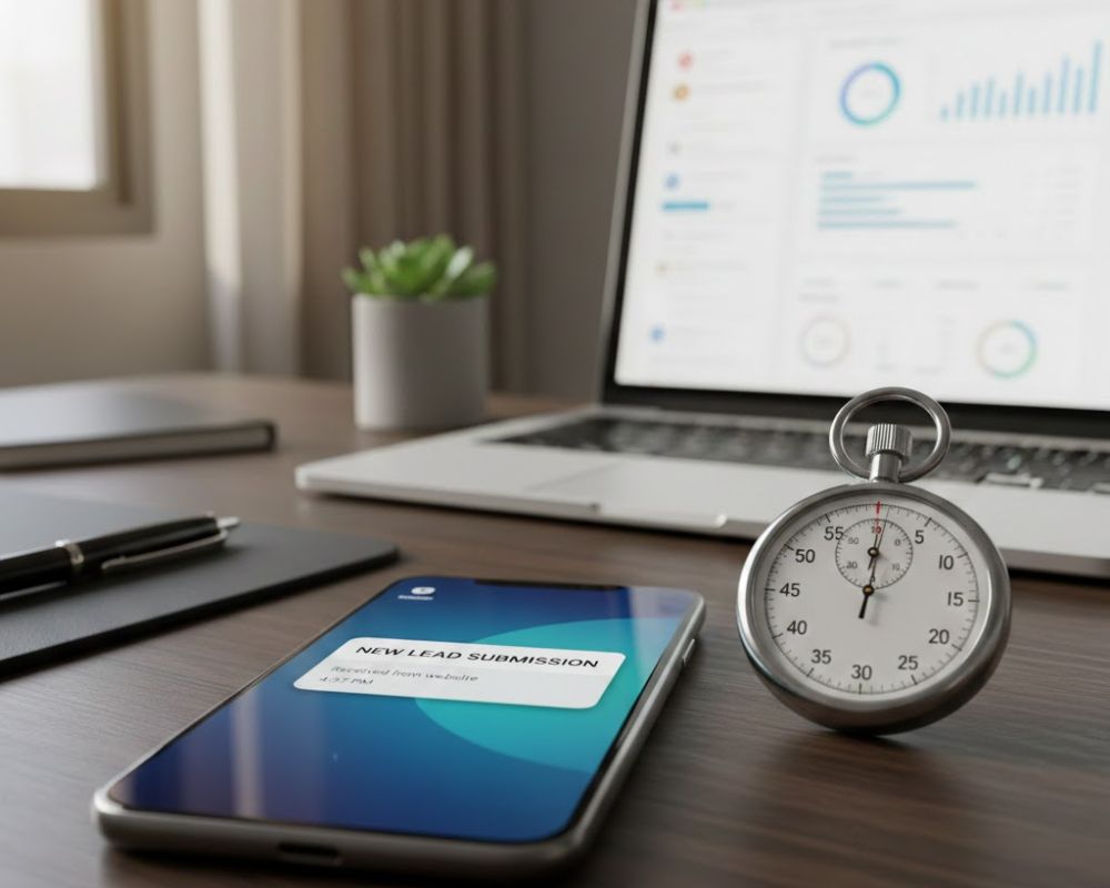 Close-up of a smartphone displaying a “New Lead Submission” notification with a visible timestamp, next to a stopwatch showing under five minutes