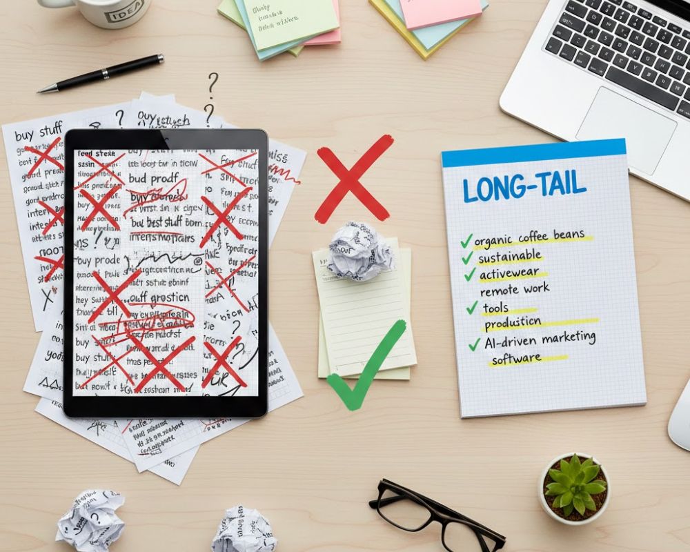 A creative flat lay showing a cluttered versus organized keyword list on paper and digital devices.