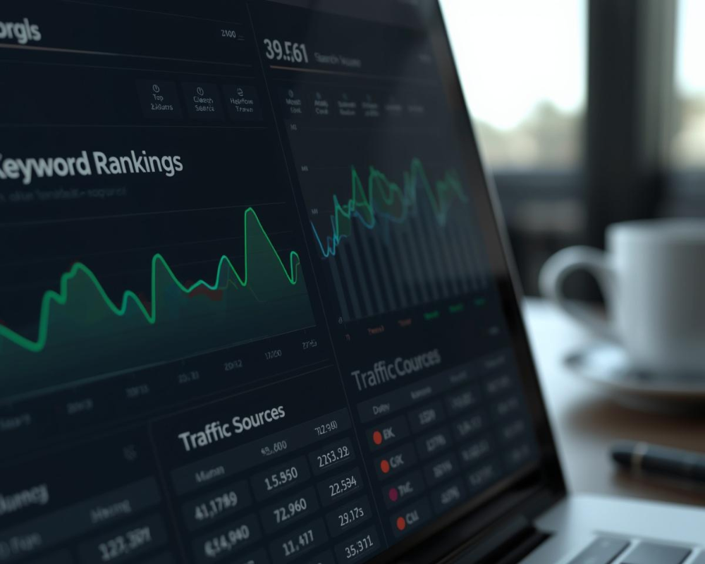 Close-up of a digital dashboard showing keyword rankings, search volume graphs, and traffic sources