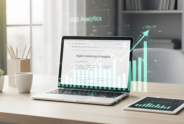 a laptop on a desk displaying Google search results and SEO analytics dashboards