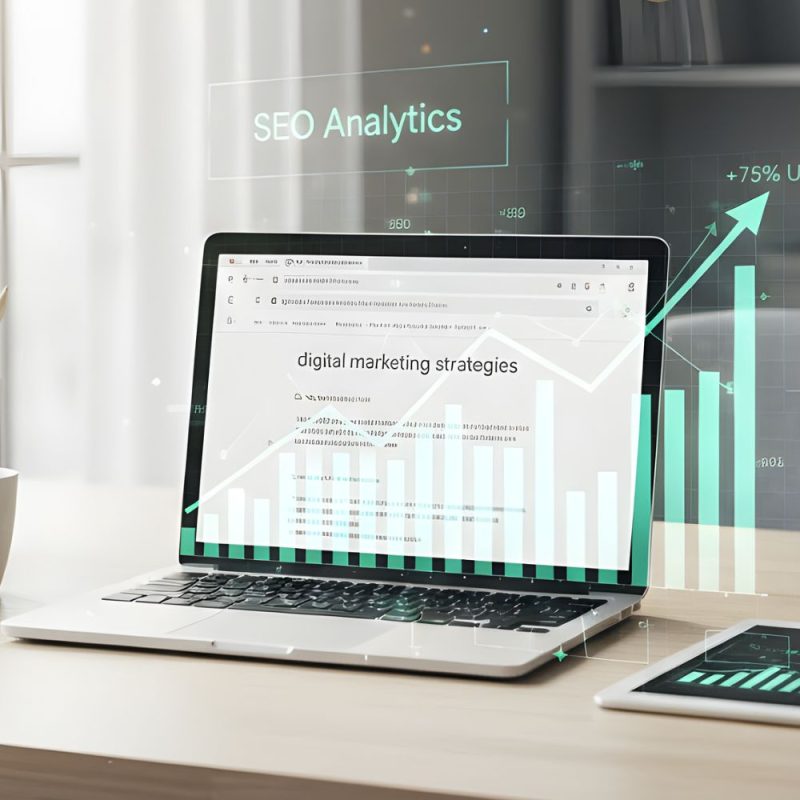 a laptop on a desk displaying Google search results and SEO analytics dashboards
