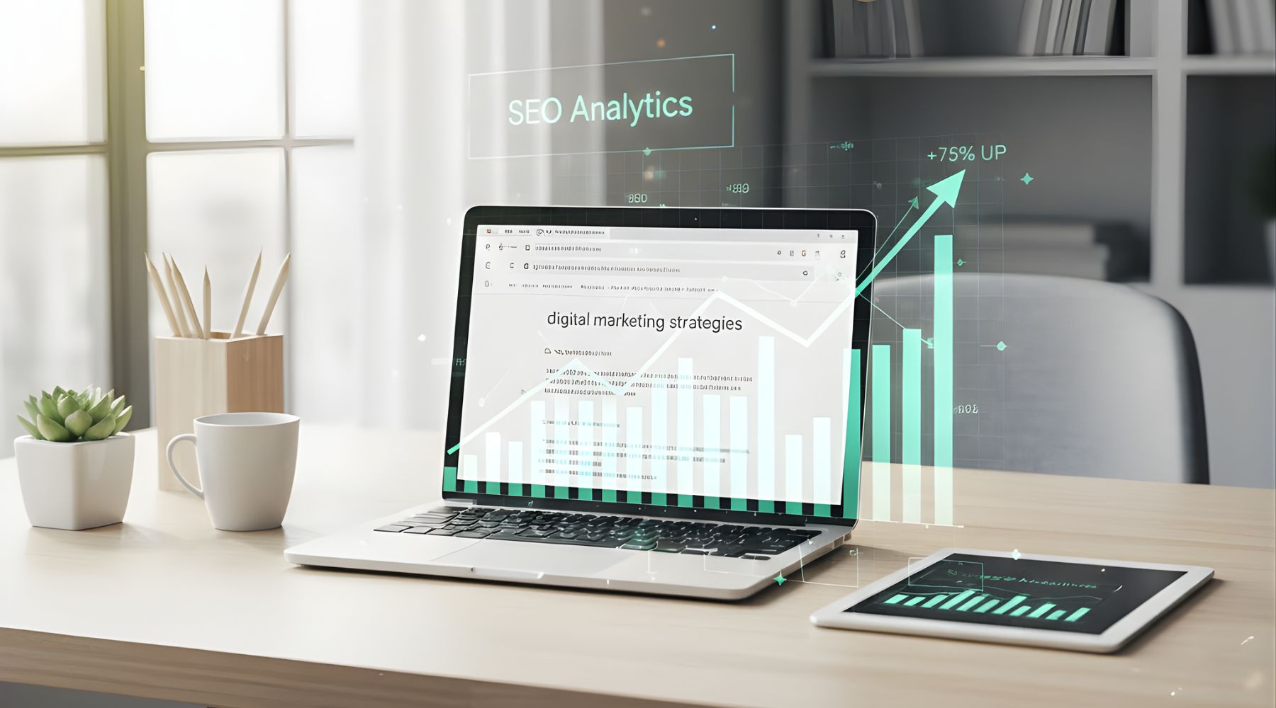 a laptop on a desk displaying Google search results and SEO analytics dashboards