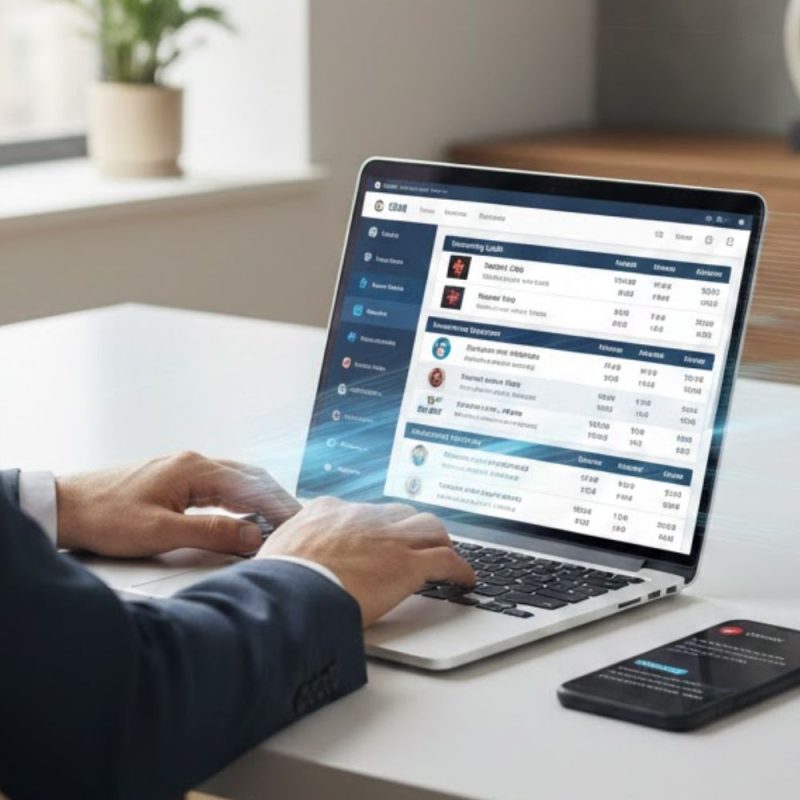a laptop displaying a CRM dashboard showing incoming leads and automated responses being sent.