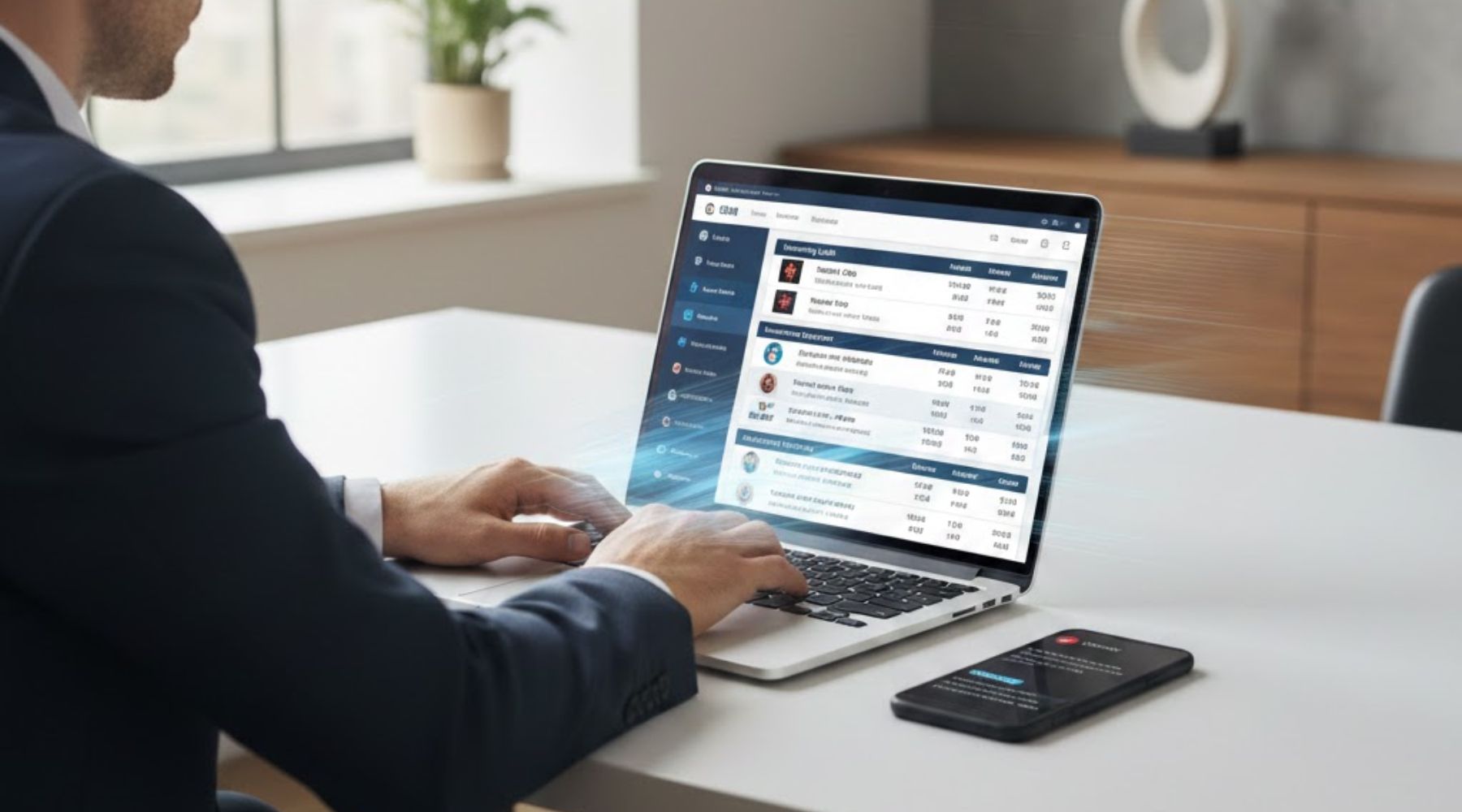 a laptop displaying a CRM dashboard showing incoming leads and automated responses being sent.