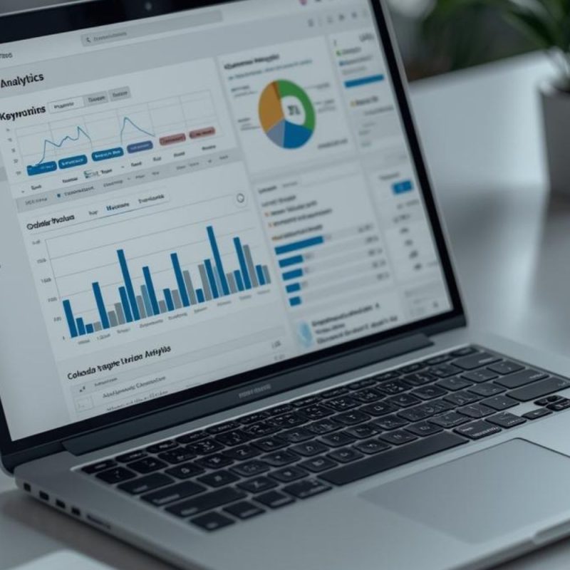 A sleek, modern desk setup with a laptop displaying a website analytics dashboard and keyword performance charts