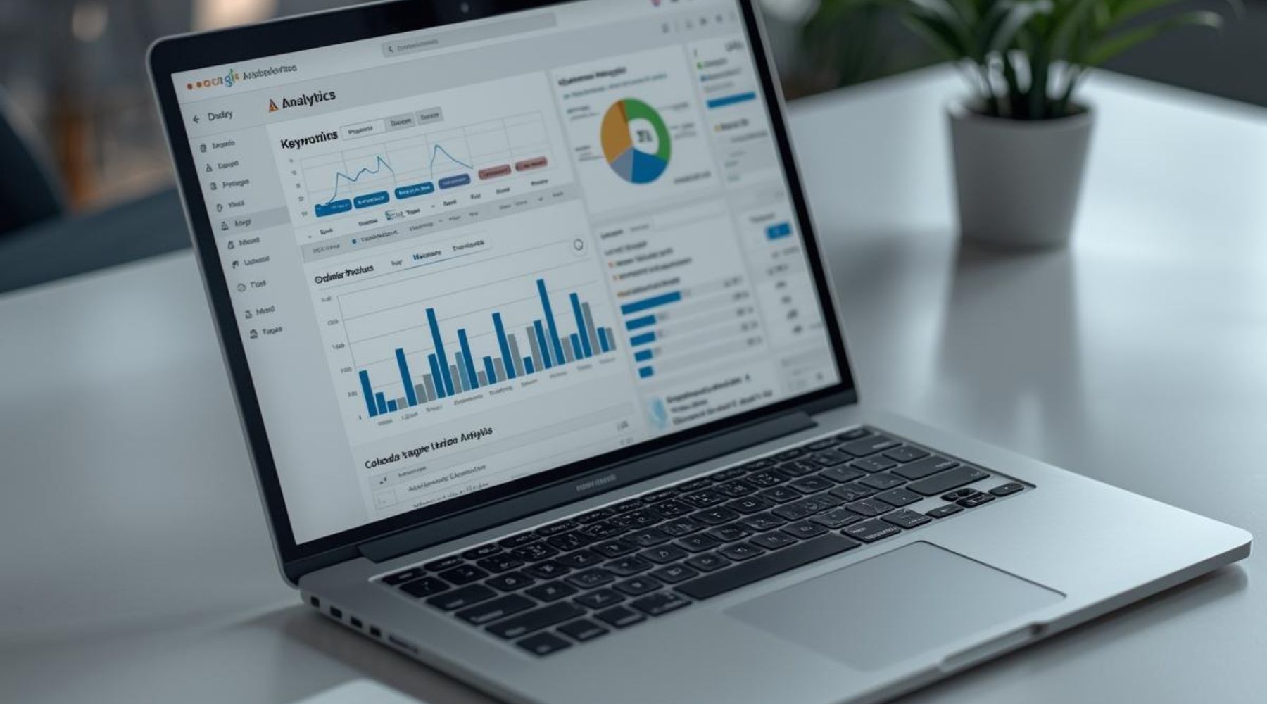 A sleek, modern desk setup with a laptop displaying a website analytics dashboard and keyword performance charts