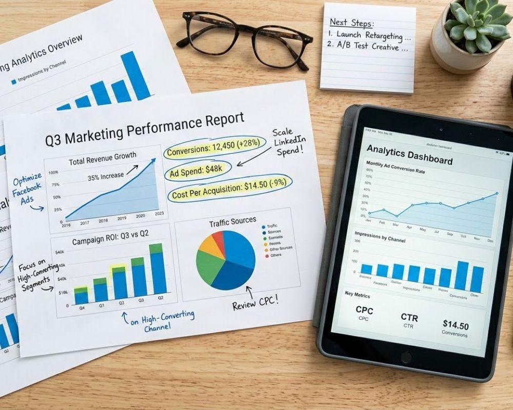 Top-down view of a marketing planning desk with printed advertising performance reports, handwritten notes, highlighted metrics, and upward-trending graphs