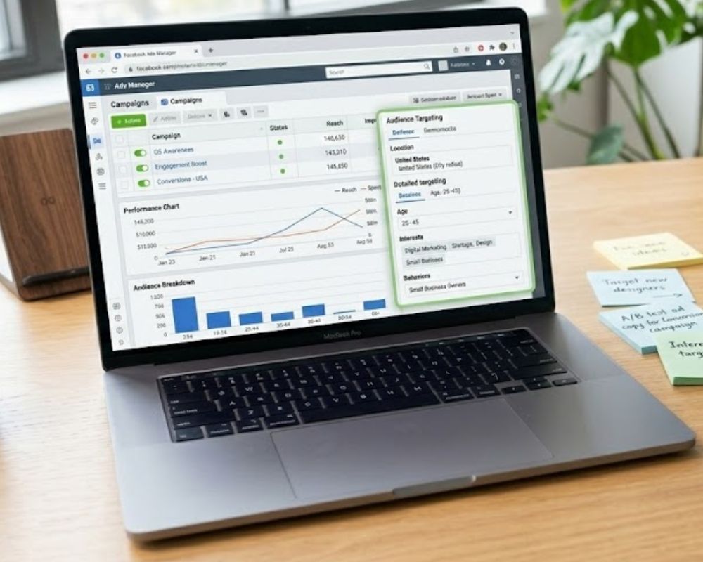 Close-up of a laptop screen displaying a Facebook advertising interface highlighting audience targeting options such as location, interests, and demographics