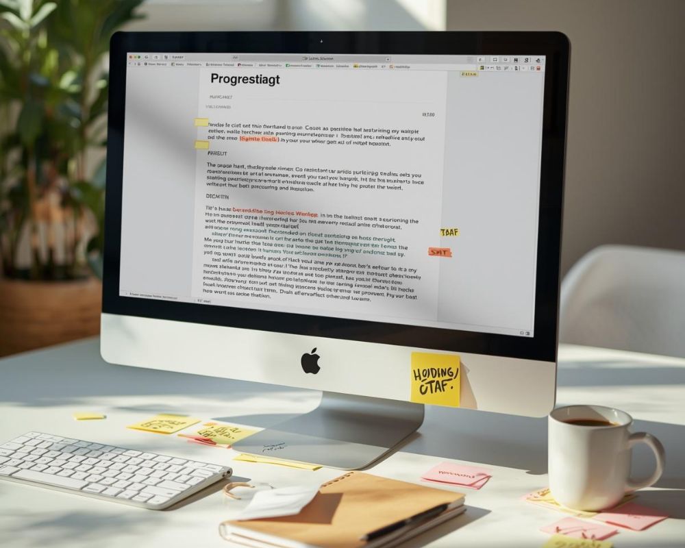 A desktop monitor with an unfinished blog draft or landing page