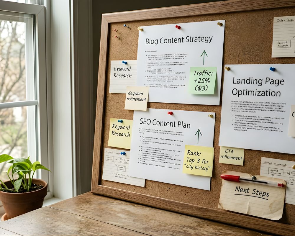 A bulletin board with pinned printed pages labeled “blog,” “landing page,” and “SEO content,”