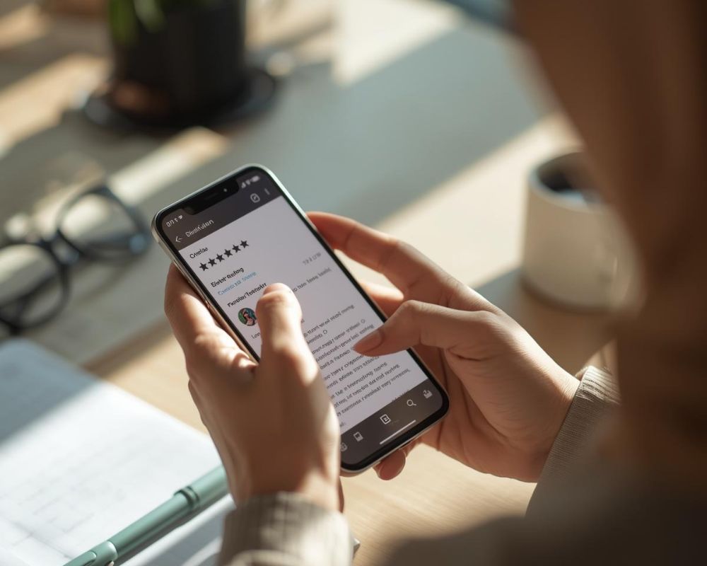 A close-up of a person sitting at a desk using a smartphone, typing a response to a customer review visible on the screen