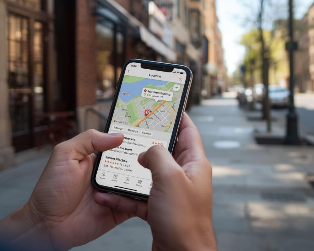 A person standing outdoors in a city or neighborhood setting, holding a smartphone displaying a map with nearby business listings and location pins