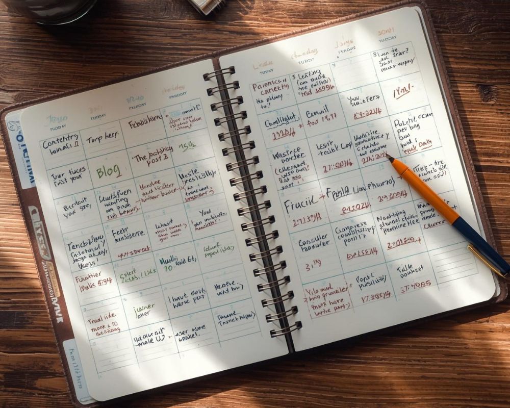 A top-down view of a desk with a physical monthly planner or calendar filled with handwritten content topics, publishing dates, and notes like “blog,” “social post,” and “email”