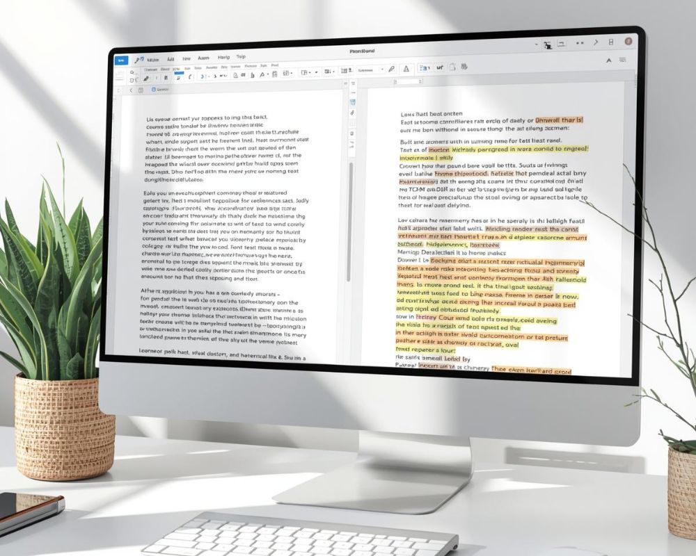 A desktop screen showing a content editor with two side-by-side pages—one with repeated text blocks