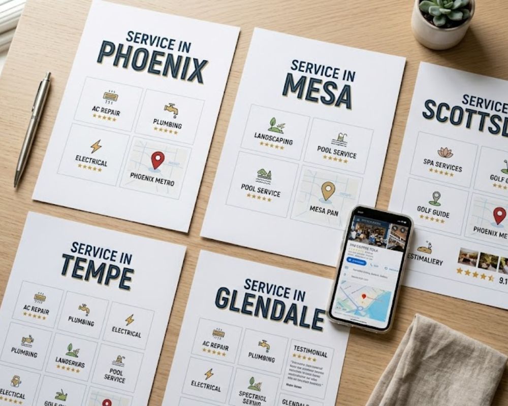 A creative flat-lay of printed webpage mockups spread across a desk, each labeled with different city names