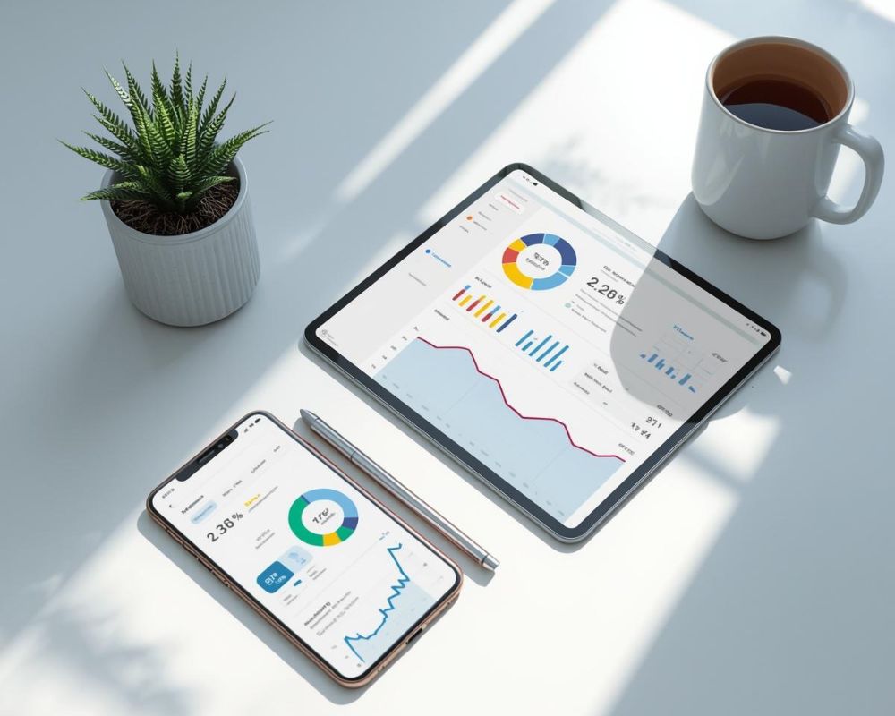 A smartphone and tablet on a clean desk showing analytics dashboards with colorful charts and trend lines