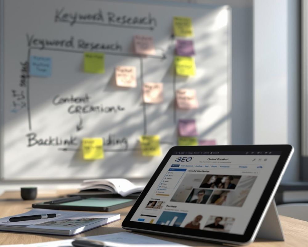 A modern workspace with sticky notes on a whiteboard showing steps like “Keyword Research,” “Content Creation,” “Backlink Building,” connected with arrows