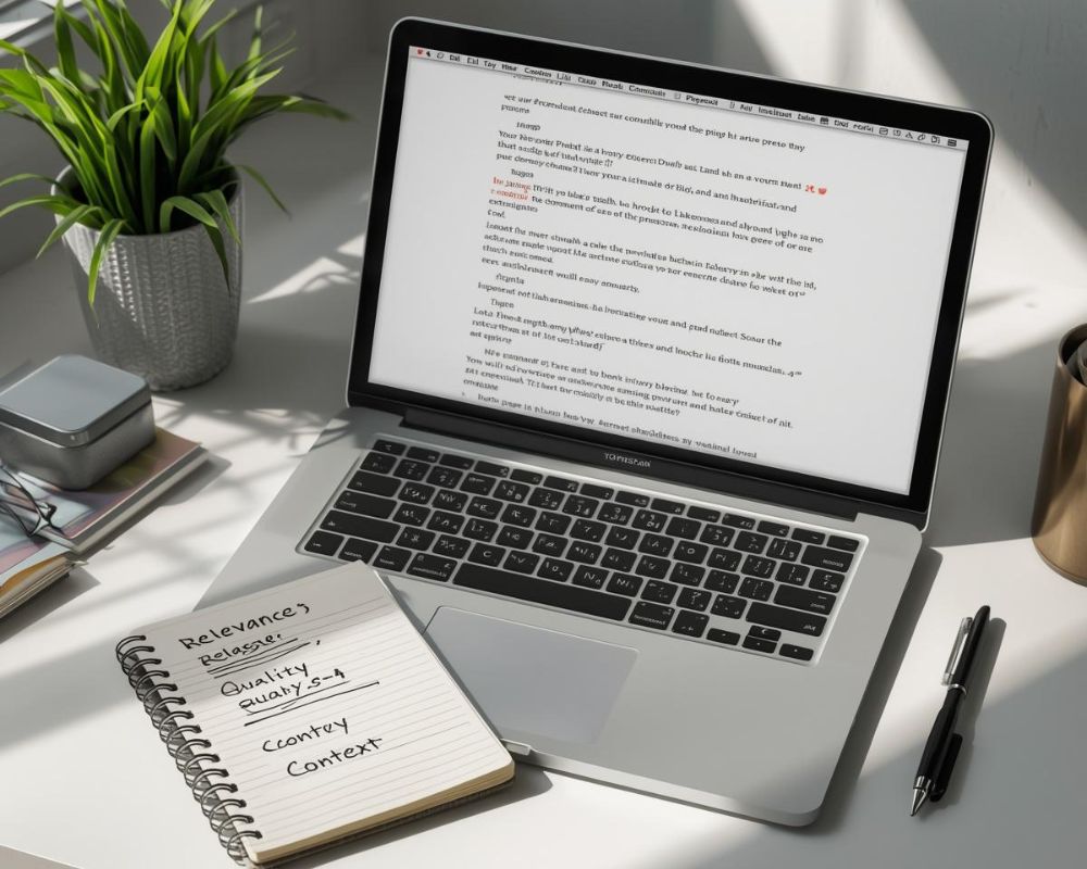 A realistic workspace with a laptop displaying a document or blog draft