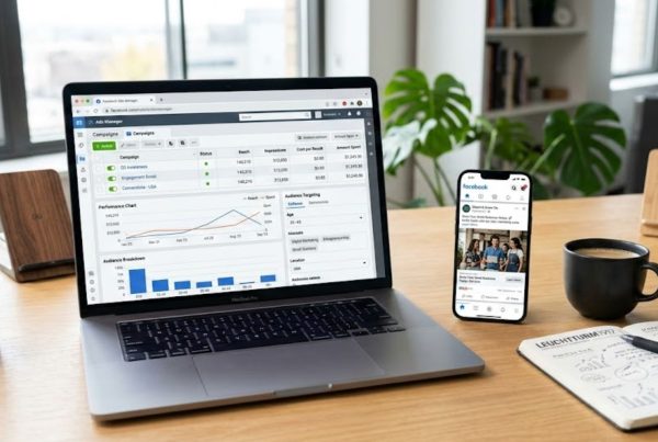 A laptop displaying a Facebook Ads Manager dashboard showing active ad campaigns, audience targeting panels, and performance charts