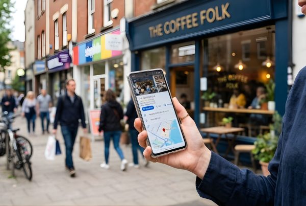 a person holds a smartphone showing a local business listing with star ratings and map location