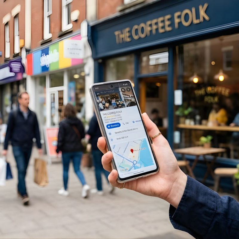 a person holds a smartphone showing a local business listing with star ratings and map location