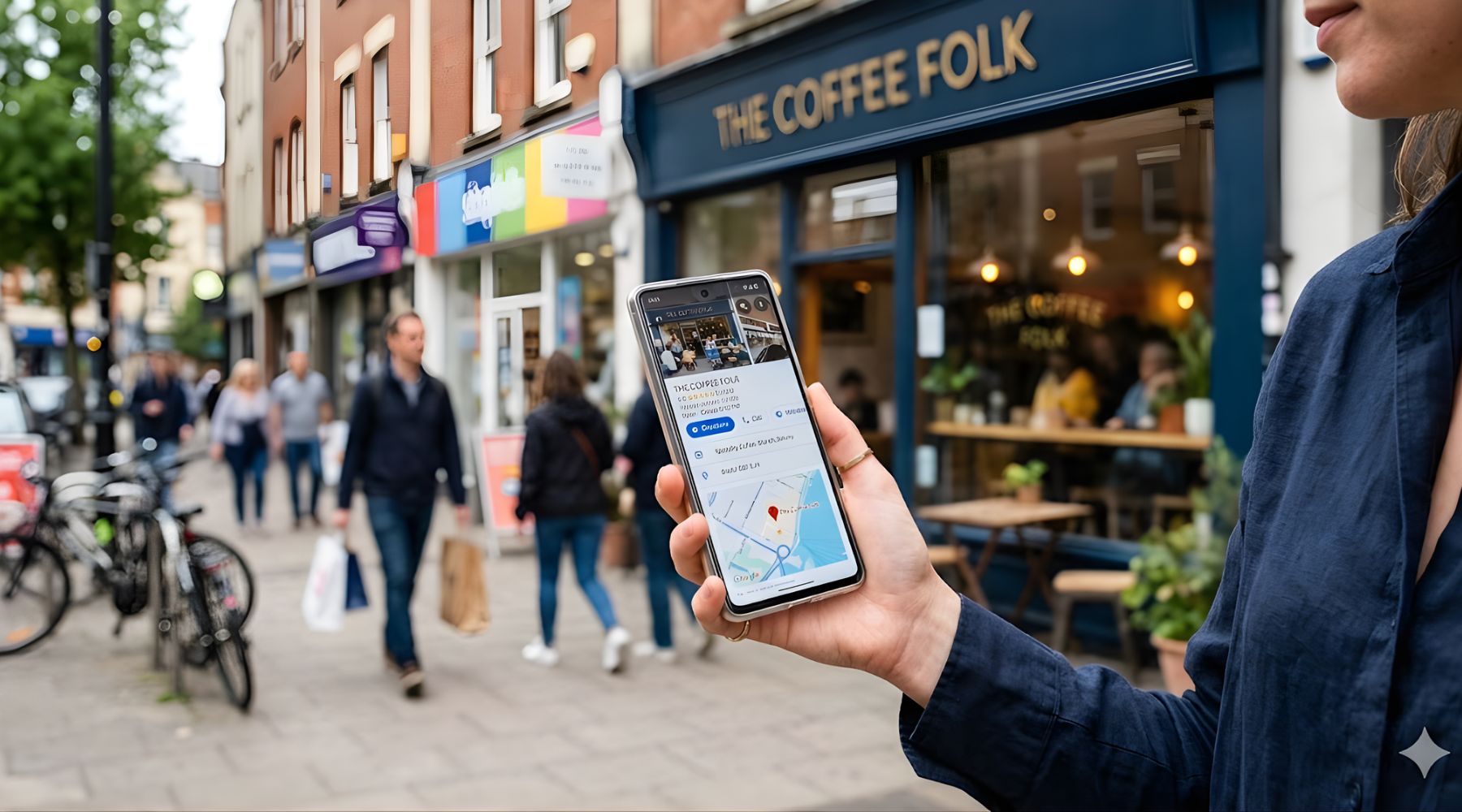 a person holds a smartphone showing a local business listing with star ratings and map location