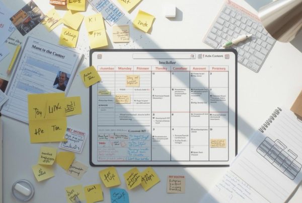 A bright workspace desk split visually into two sections—one side cluttered with scattered notes, random sticky ideas, and crossed-out content drafts, the other side clean and organized with a calendar planner