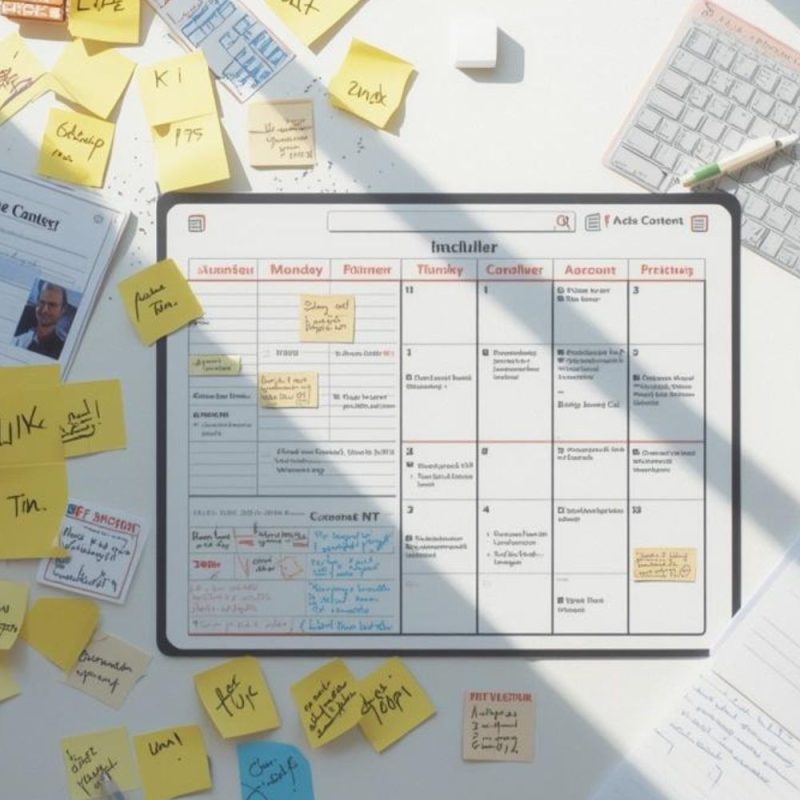A bright workspace desk split visually into two sections—one side cluttered with scattered notes, random sticky ideas, and crossed-out content drafts, the other side clean and organized with a calendar planner