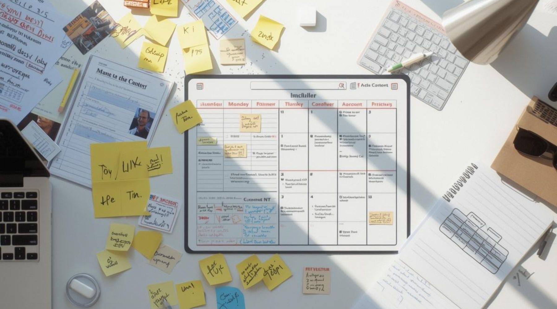 A bright workspace desk split visually into two sections—one side cluttered with scattered notes, random sticky ideas, and crossed-out content drafts, the other side clean and organized with a calendar planner
