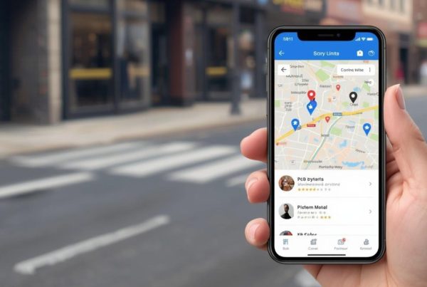 street scene with multiple storefronts slightly blurred in the background, while a smartphone in the foreground shows a map with several location pins and a highlighted business listing with star ratings