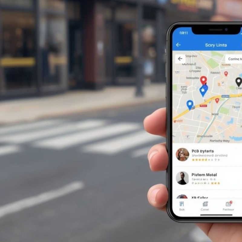 street scene with multiple storefronts slightly blurred in the background, while a smartphone in the foreground shows a map with several location pins and a highlighted business listing with star ratings