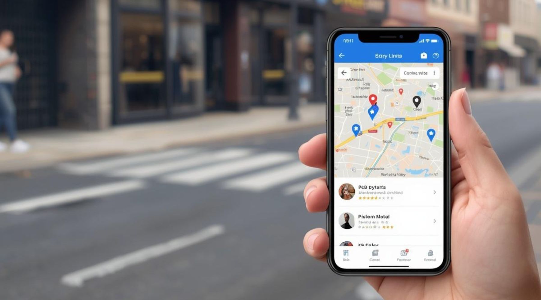 street scene with multiple storefronts slightly blurred in the background, while a smartphone in the foreground shows a map with several location pins and a highlighted business listing with star ratings