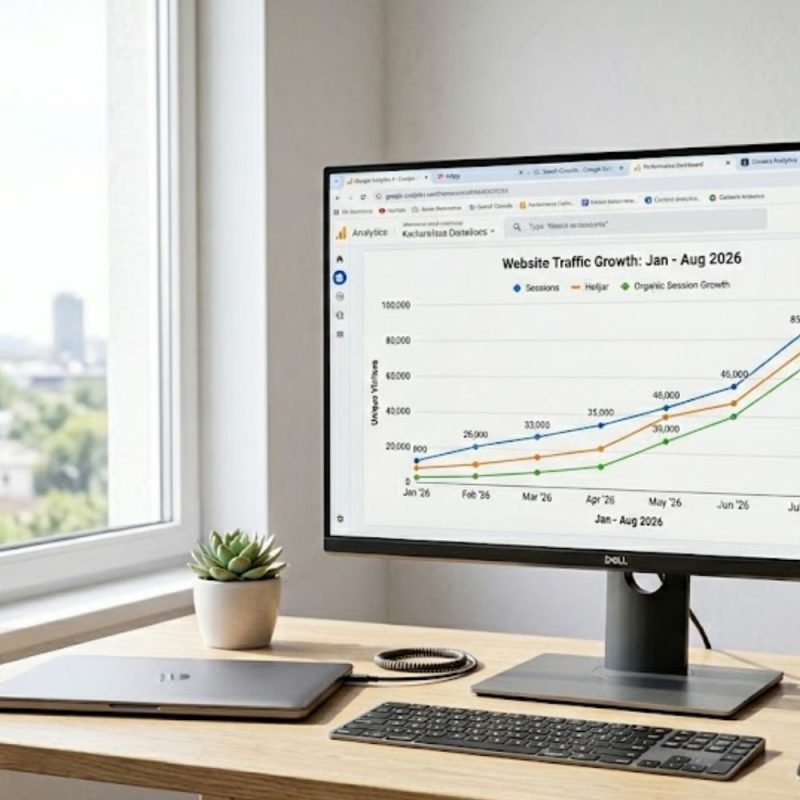 An office scene with a large wall-mounted chart showing an upward-trending SEO graph with colorful lines and markers