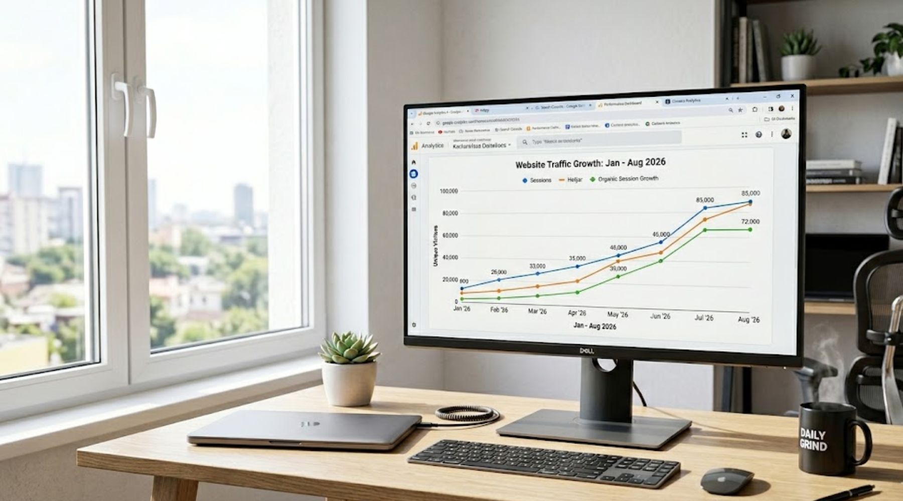 An office scene with a large wall-mounted chart showing an upward-trending SEO graph with colorful lines and markers