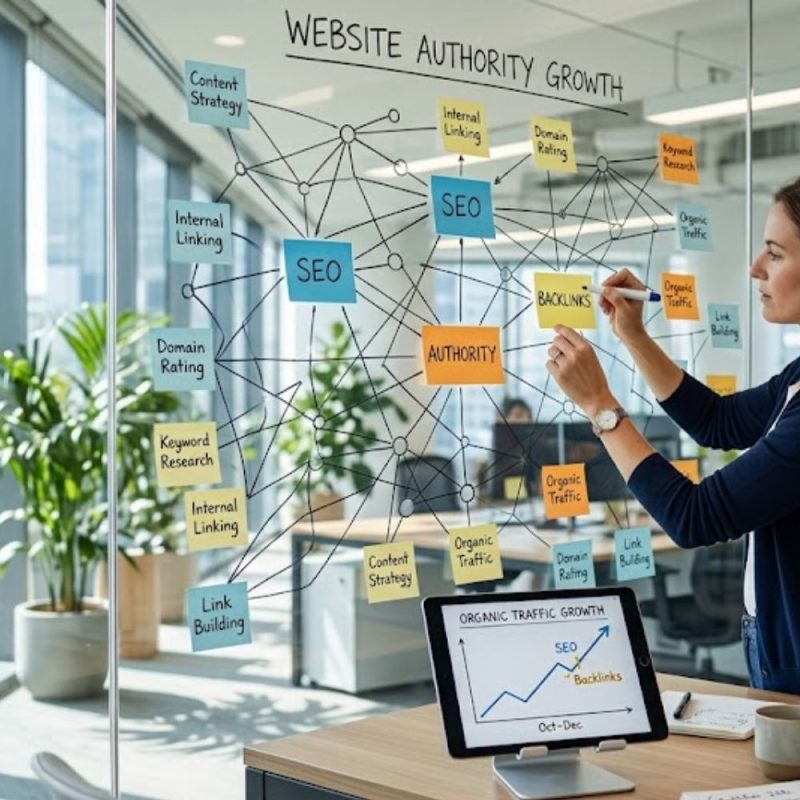 A bright, modern workspace with a large glass wall covered in interconnected lines and nodes (like a network map), sticky notes labeled “SEO,” “Backlinks,” and “Authority,” a tablet on a desk showing a simple upward graph