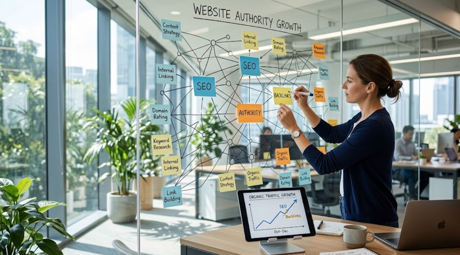 A bright, modern workspace with a large glass wall covered in interconnected lines and nodes (like a network map), sticky notes labeled “SEO,” “Backlinks,” and “Authority,” a tablet on a desk showing a simple upward graph