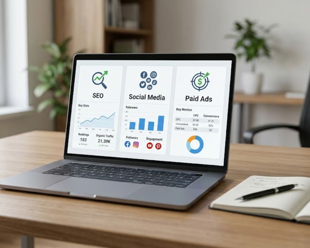 A realistic office desk with a single laptop showing a clean marketing overview dashboard