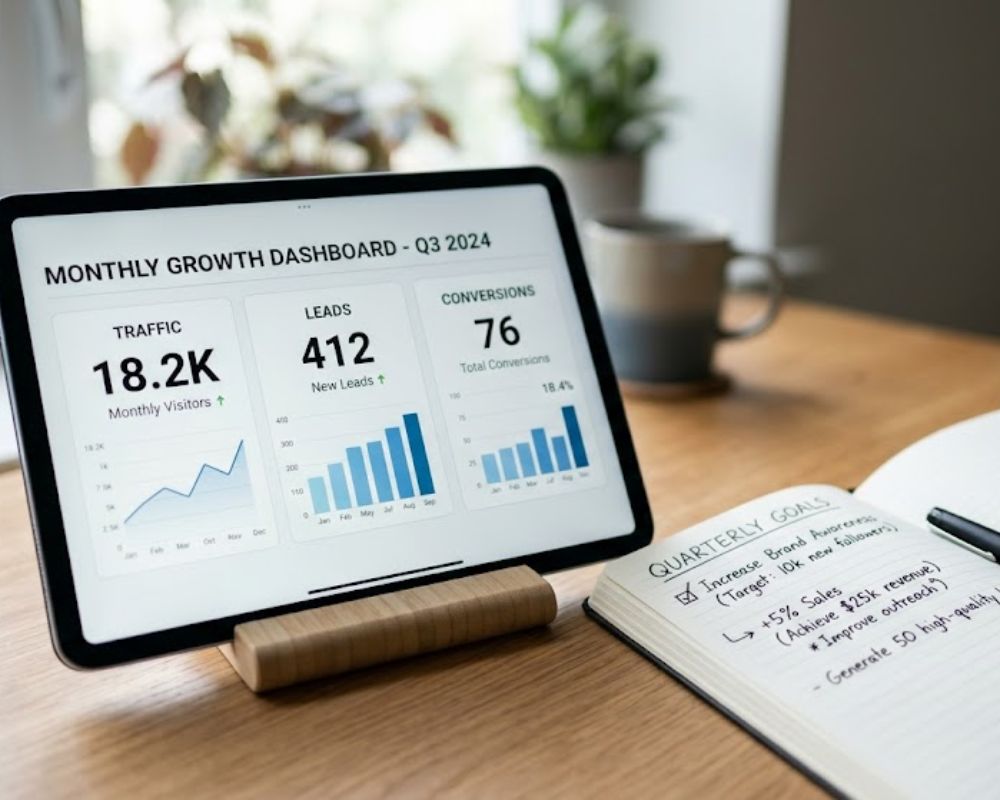 A close-up of a tablet or laptop screen showing a simple goal-tracking dashboard with metrics like “Traffic,” “Leads,” and “Conversions,” next to a notebook with handwritten goals