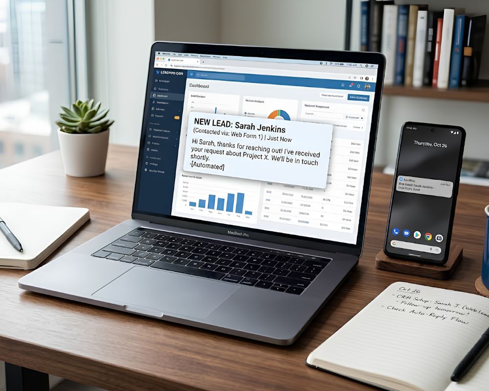 A laptop with a CRM dashboard open where a new lead automatically triggers a notification and an instant reply message preview