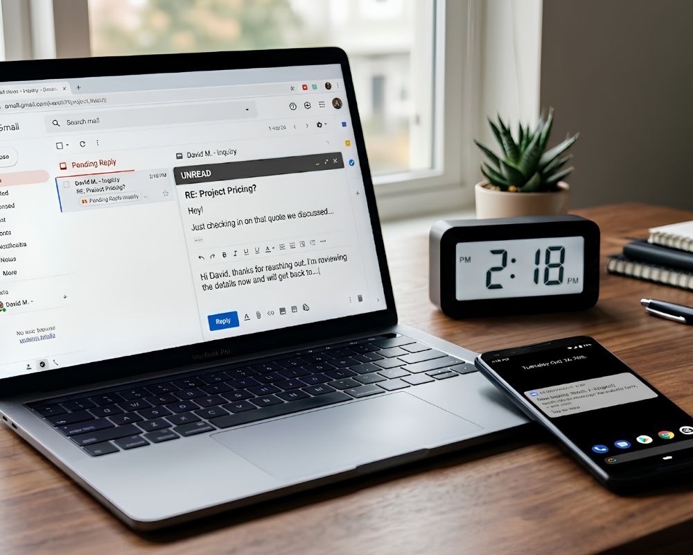A close-up of a desk with a smartphone showing an unread customer inquiry notification, a laptop open with an email inbox showing a pending reply