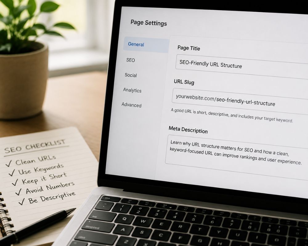 A page editor screen showing a clean URL slug being edited beneath a page title, with simple SEO notes written on a nearby notebook