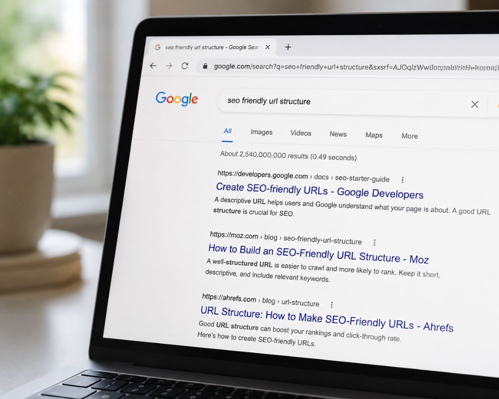 A close-up of a laptop screen displaying search results with clear, readable URLs beneath page titles